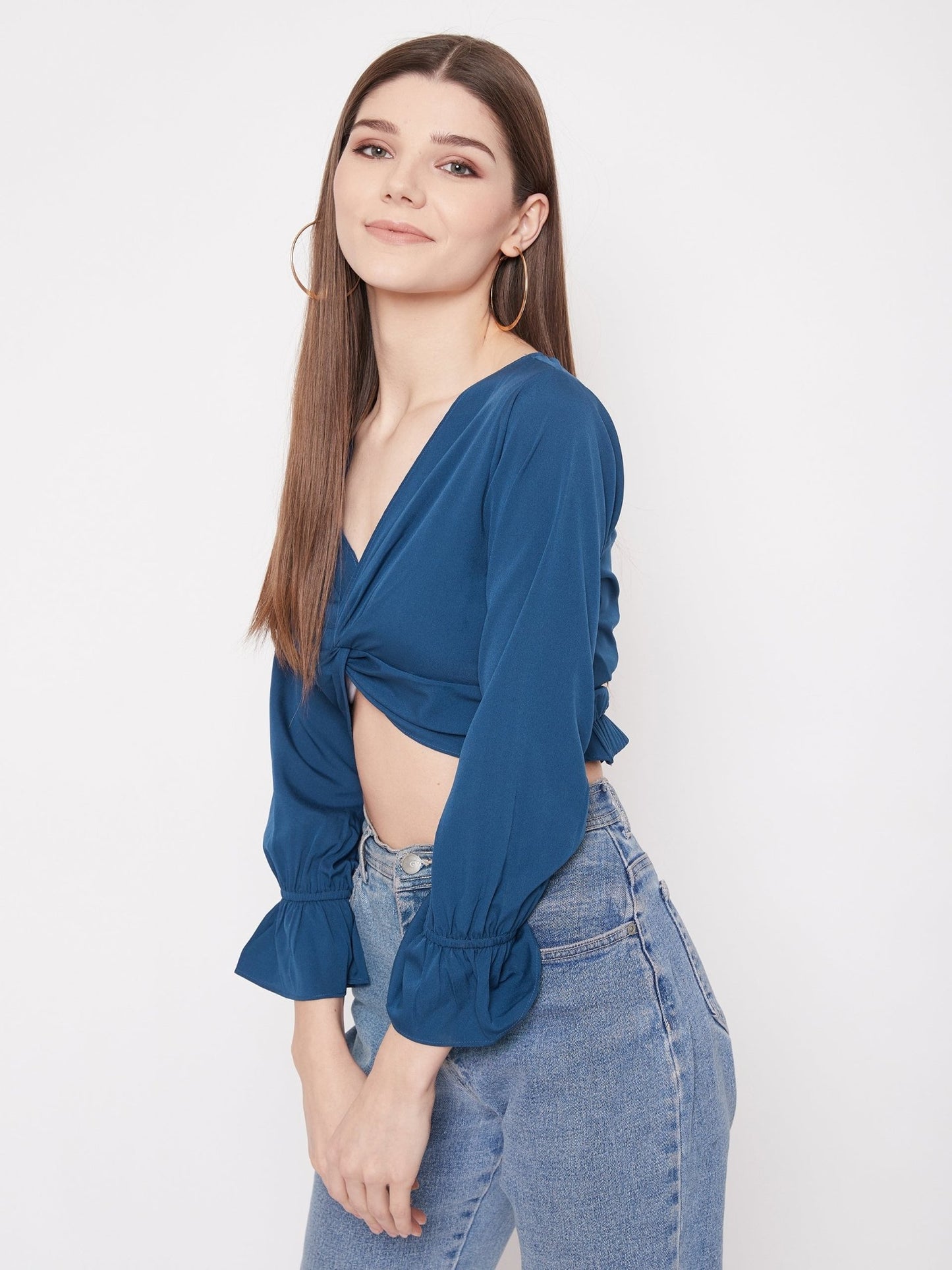 Folk Republic Women Solid Blue V-Neck Front Twisted Crop Top - #folk republic#