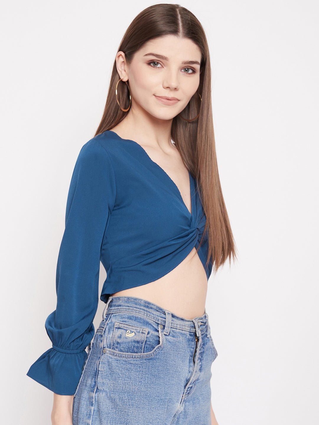 Folk Republic Women Solid Blue V-Neck Front Twisted Crop Top - #folk republic#