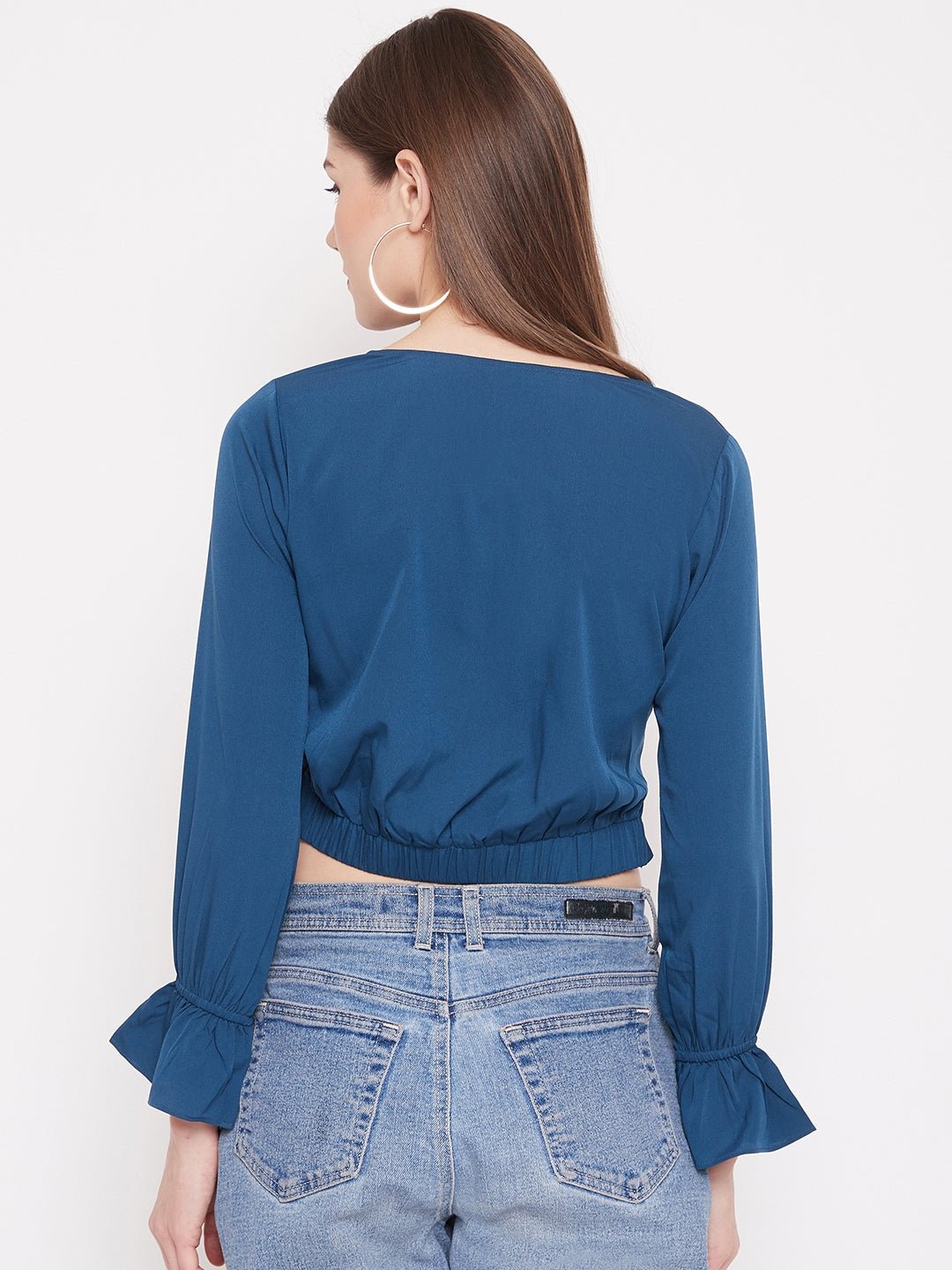 Folk Republic Women Solid Blue V-Neck Front Twisted Crop Top - #folk republic#