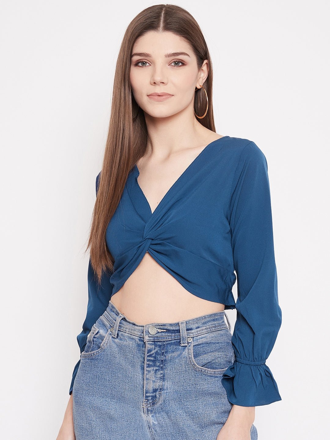 Folk Republic Women Solid Blue V-Neck Front Twisted Crop Top - #folk republic#