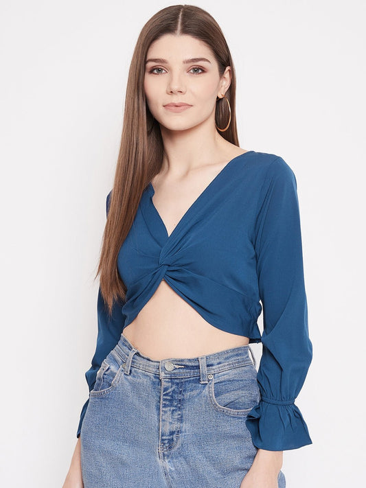 Folk Republic Women Solid Blue V-Neck Front Twisted Crop Top - #folk republic#