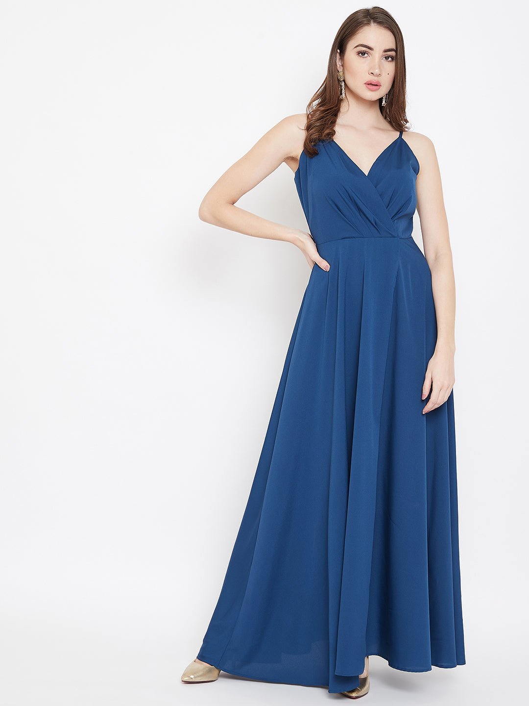 Folk Republic Women Solid Blue V-Neck Sleeveless Crepe Thigh-High Slit A-Line Maxi Dress - #folk republic#