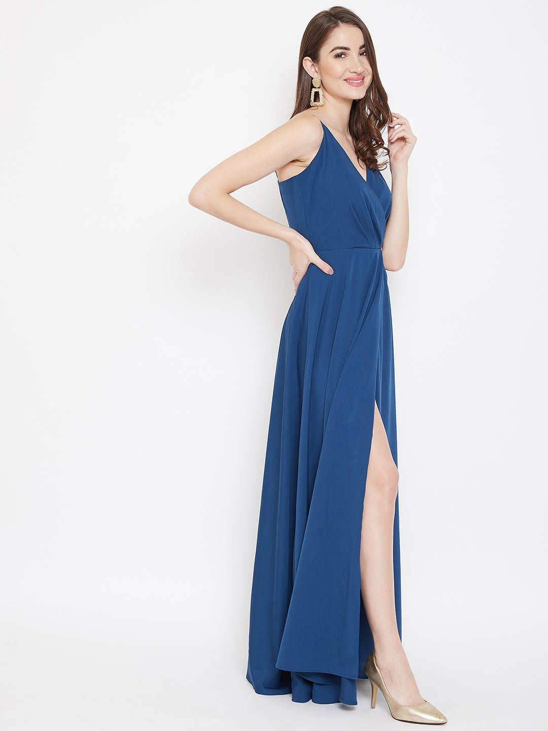Folk Republic Women Solid Blue V-Neck Sleeveless Crepe Thigh-High Slit A-Line Maxi Dress - #folk republic#