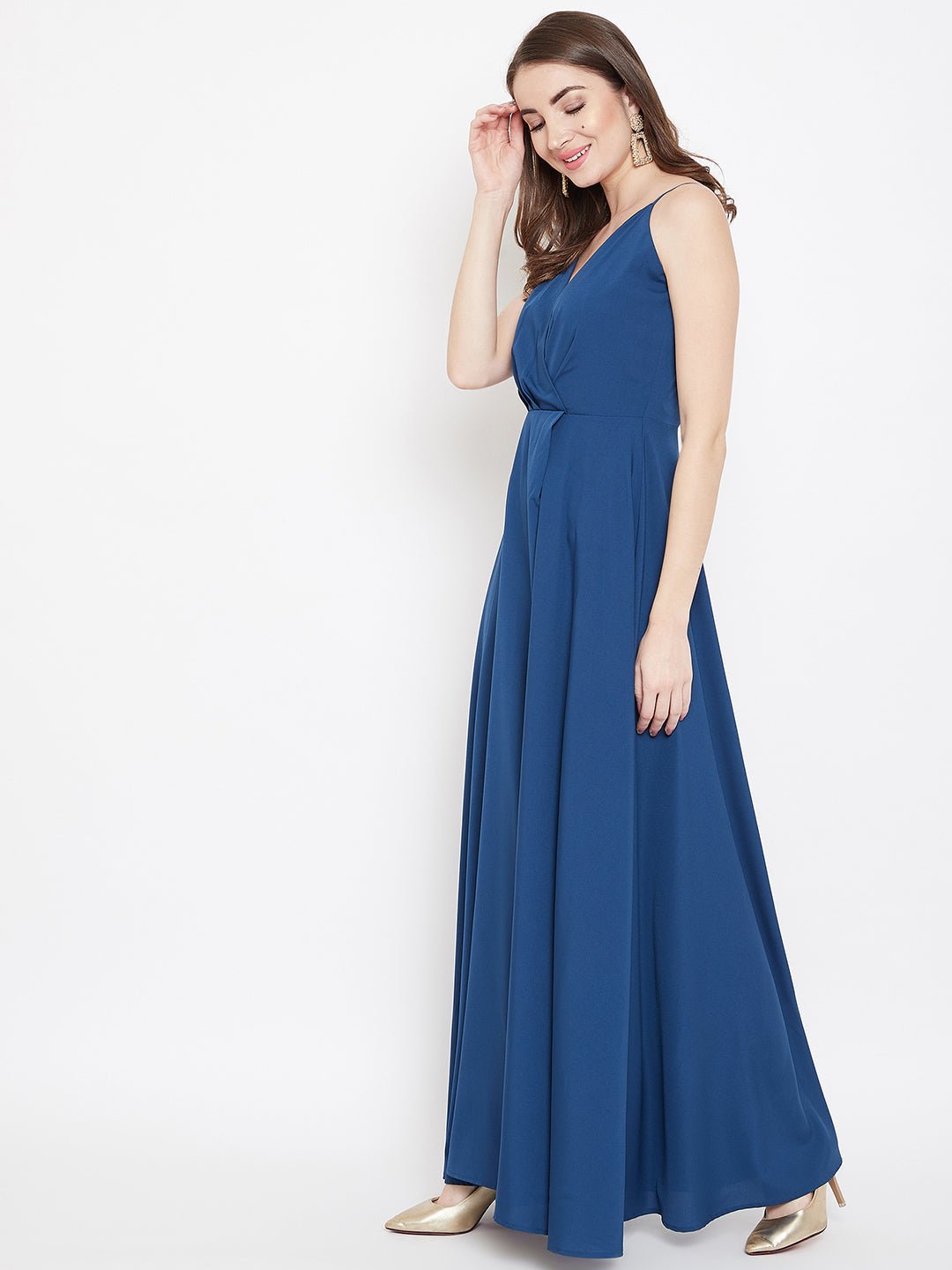Folk Republic Women Solid Blue V-Neck Sleeveless Crepe Thigh-High Slit A-Line Maxi Dress - #folk republic#