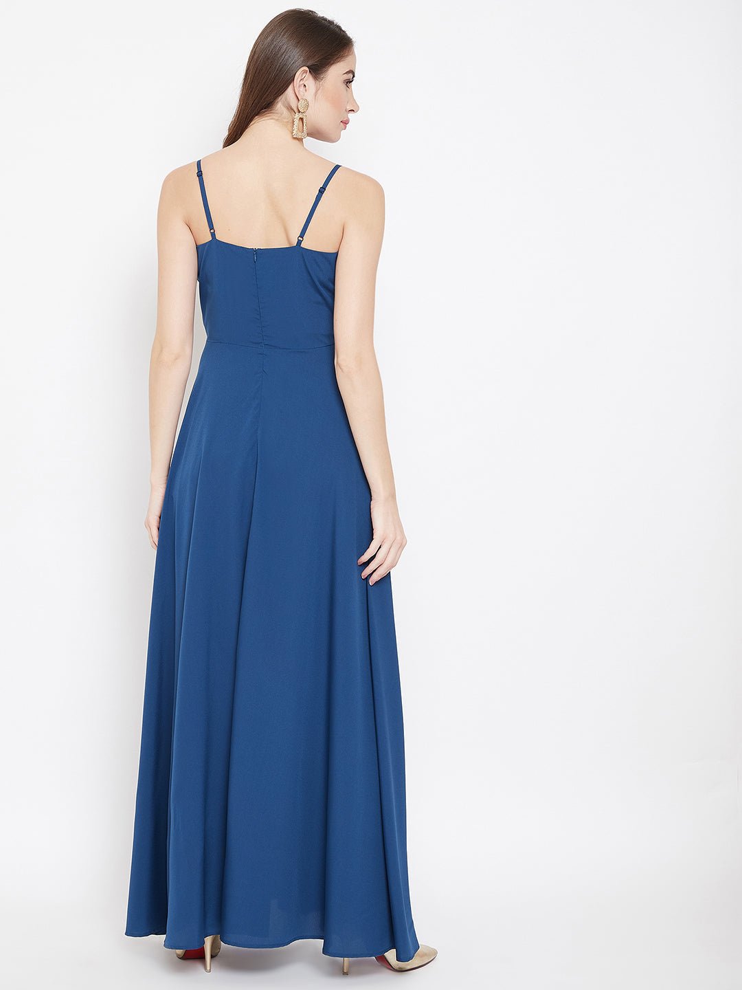 Folk Republic Women Solid Blue V-Neck Sleeveless Crepe Thigh-High Slit A-Line Maxi Dress - #folk republic#