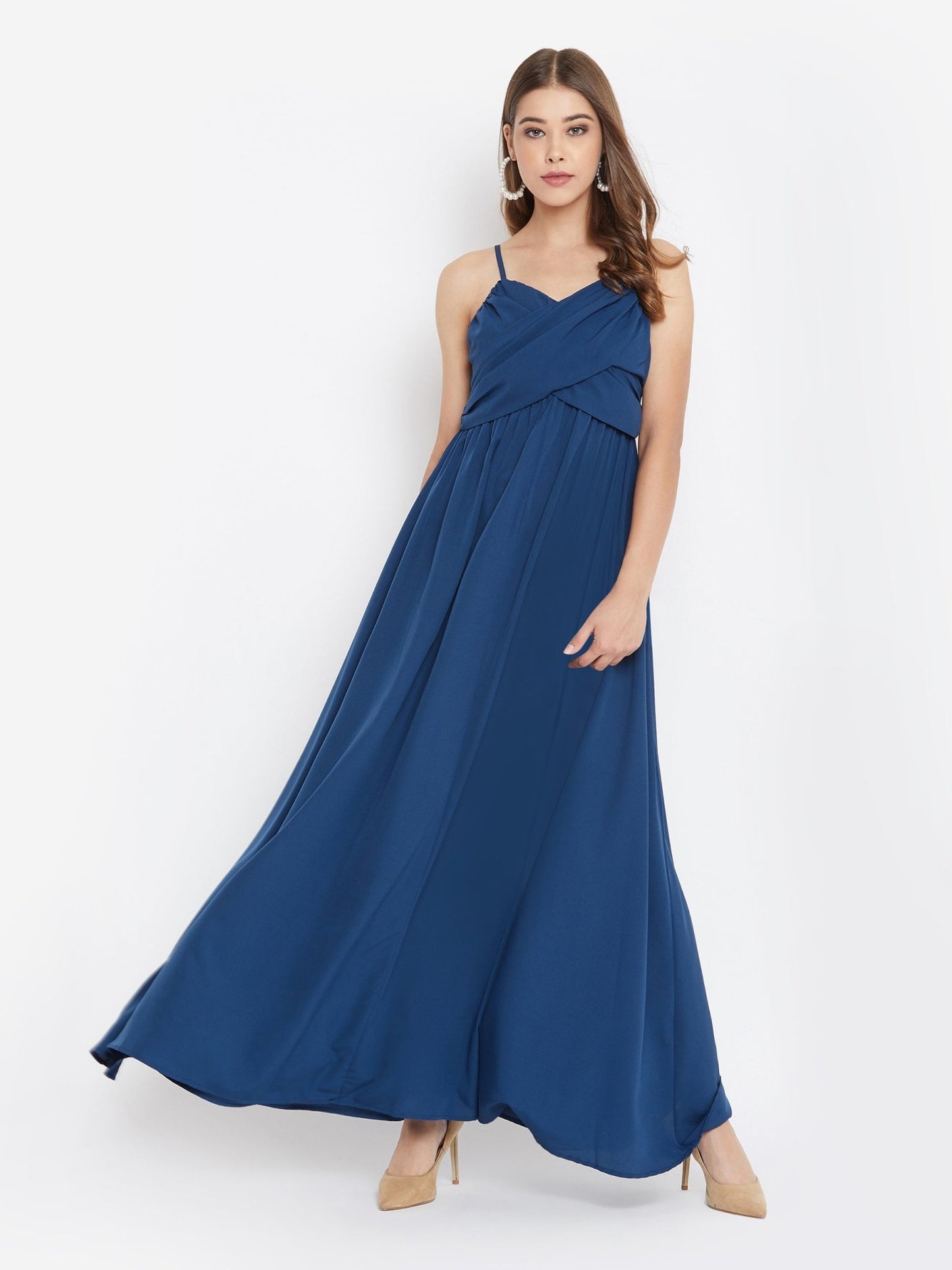 Folk Republic Women Solid Blue V-Neck Sleeveless Ruched Bust Maxi Dress - #folk republic#