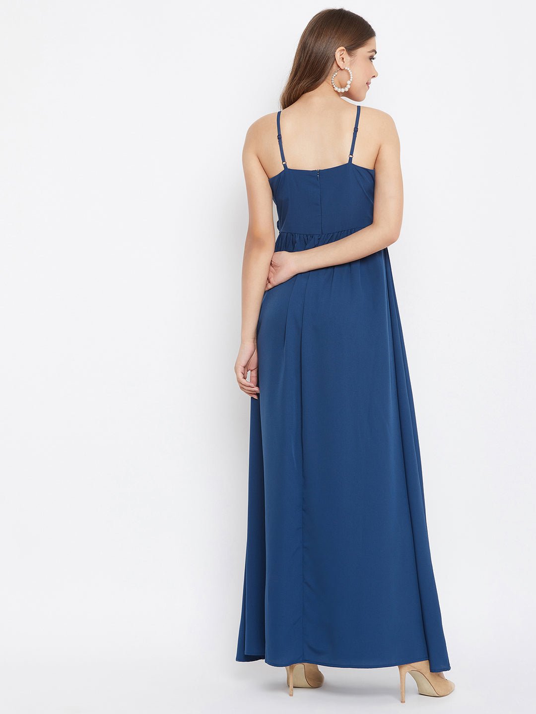 Folk Republic Women Solid Blue V-Neck Sleeveless Ruched Bust Maxi Dress - #folk republic#