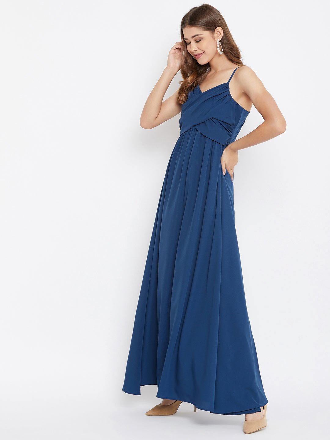 Folk Republic Women Solid Blue V-Neck Sleeveless Ruched Bust Maxi Dress - #folk republic#