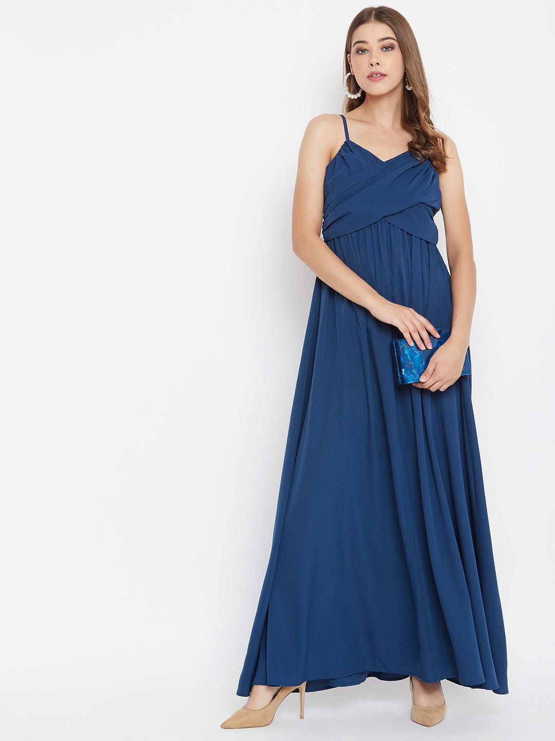 Folk Republic Women Solid Blue V-Neck Sleeveless Ruched Bust Maxi Dress - #folk republic#