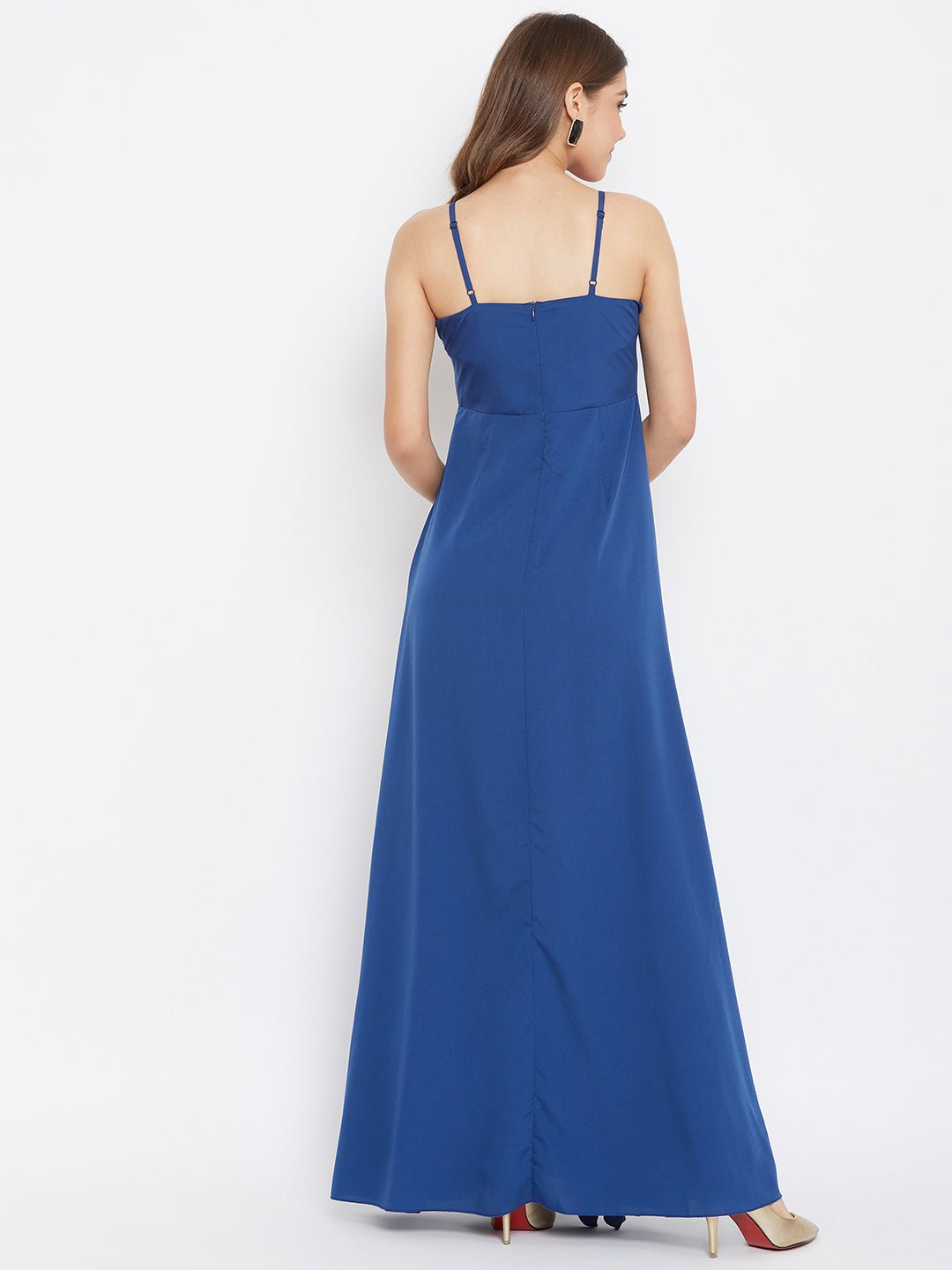 Folk Republic Women Solid Blue V-Neck Thigh-High Slit Ruffled Maxi Dress - #folk republic#