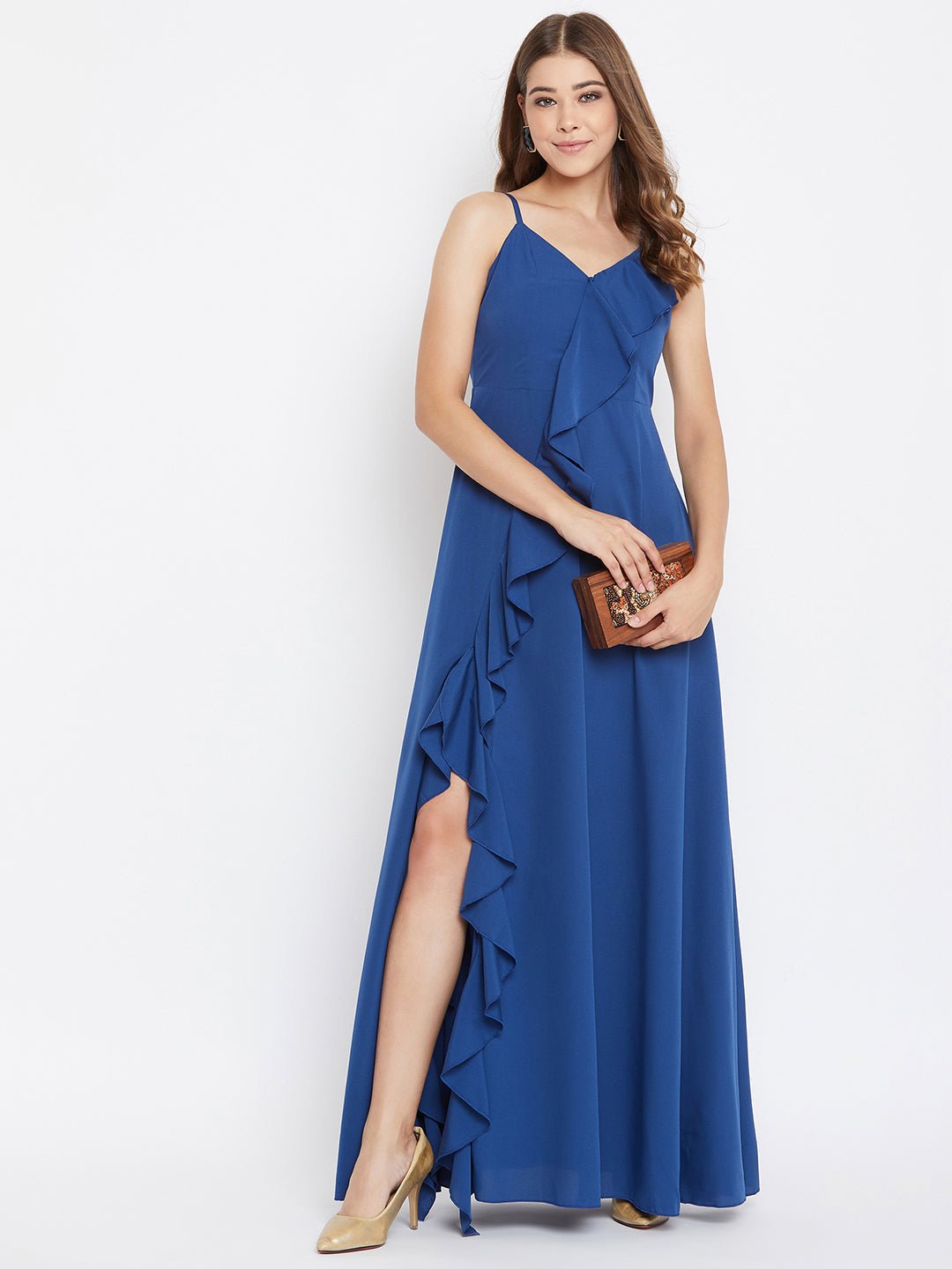 Folk Republic Women Solid Blue V-Neck Thigh-High Slit Ruffled Maxi Dress - #folk republic#