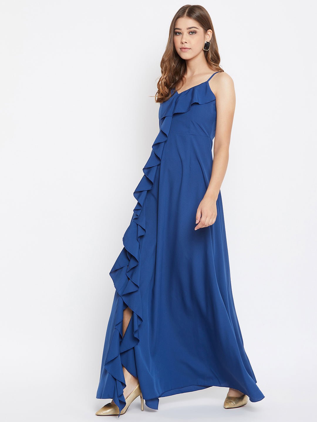Folk Republic Women Solid Blue V-Neck Thigh-High Slit Ruffled Maxi Dress - #folk republic#