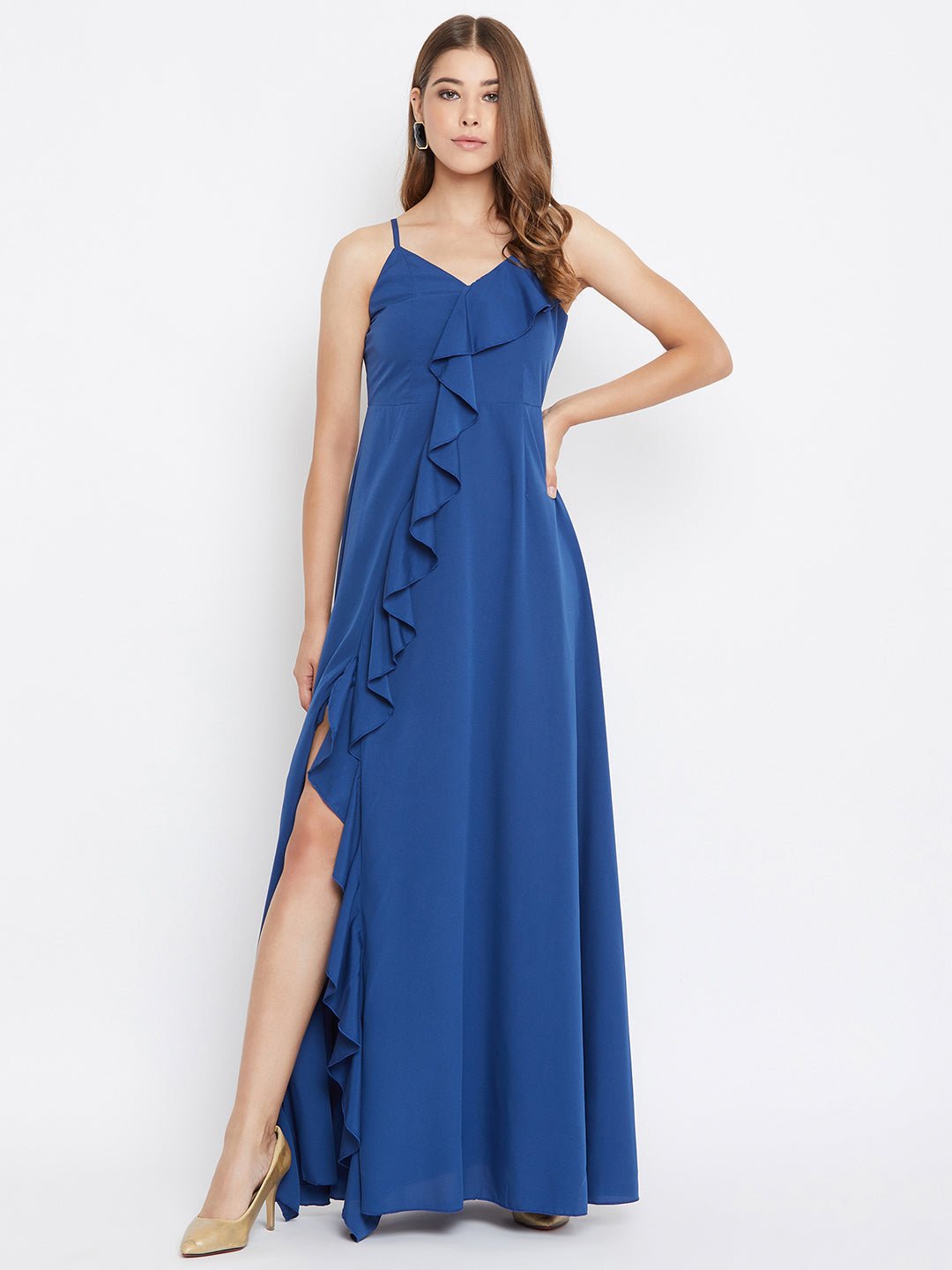 Folk Republic Women Solid Blue V-Neck Thigh-High Slit Ruffled Maxi Dress - #folk republic#