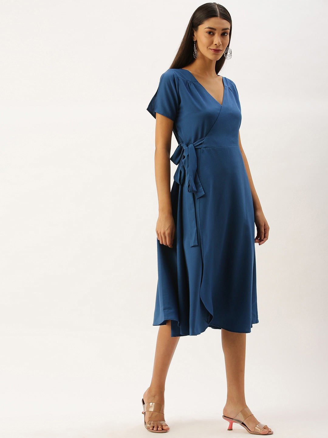 Folk Republic Women Solid Blue V-Neck Wrap Midi Dress - #folk republic#