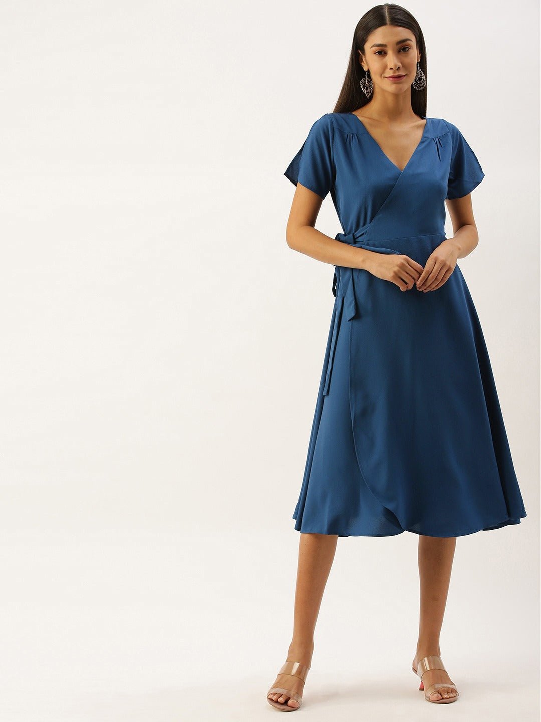 Folk Republic Women Solid Blue V-Neck Wrap Midi Dress - #folk republic#