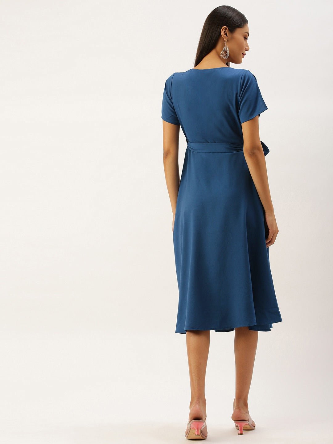 Folk Republic Women Solid Blue V-Neck Wrap Midi Dress - #folk republic#