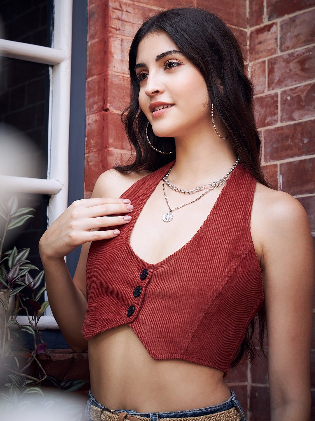 Folk Republic Women Solid Brown Halter Neck Sleeveless Backless Cotton Hanky Hem Fitted Crop Top - #folk republic#