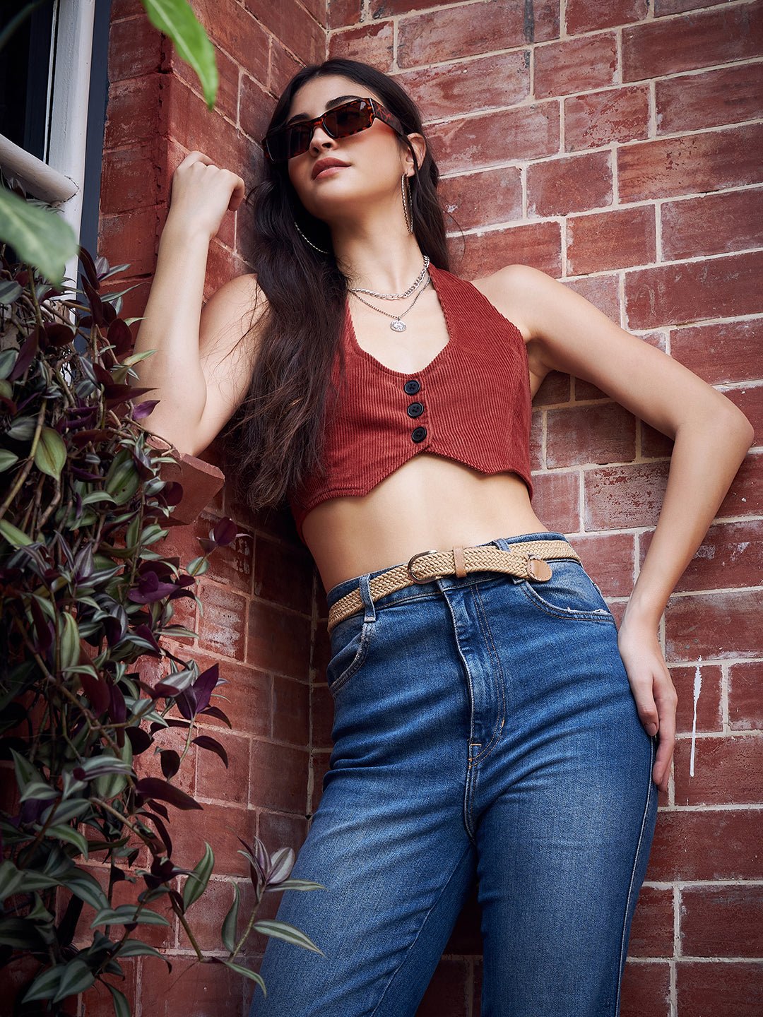 Folk Republic Women Solid Brown Halter Neck Sleeveless Backless Cotton Hanky Hem Fitted Crop Top - #folk republic#