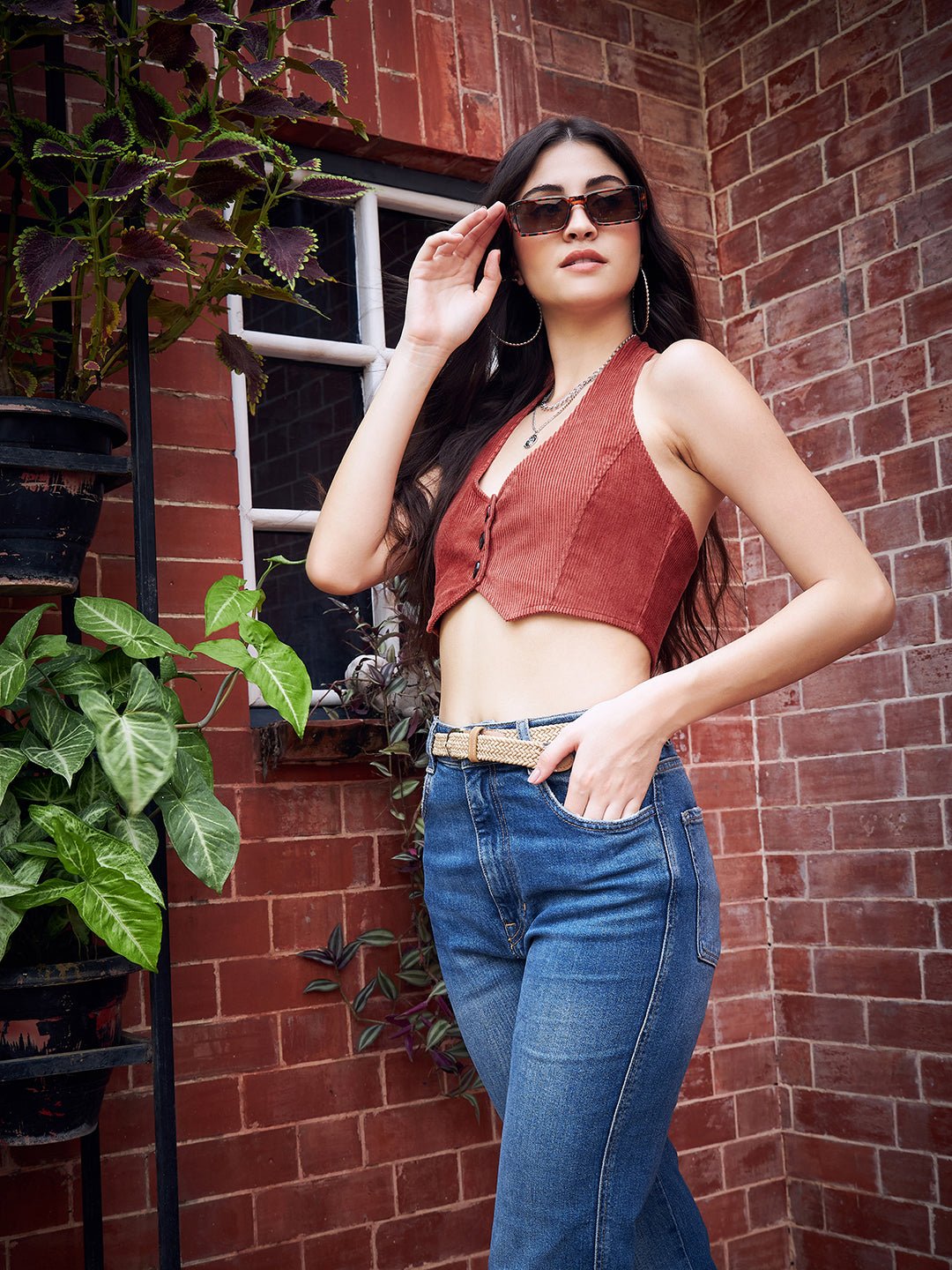 Folk Republic Women Solid Brown Halter Neck Sleeveless Backless Cotton Hanky Hem Fitted Crop Top - #folk republic#