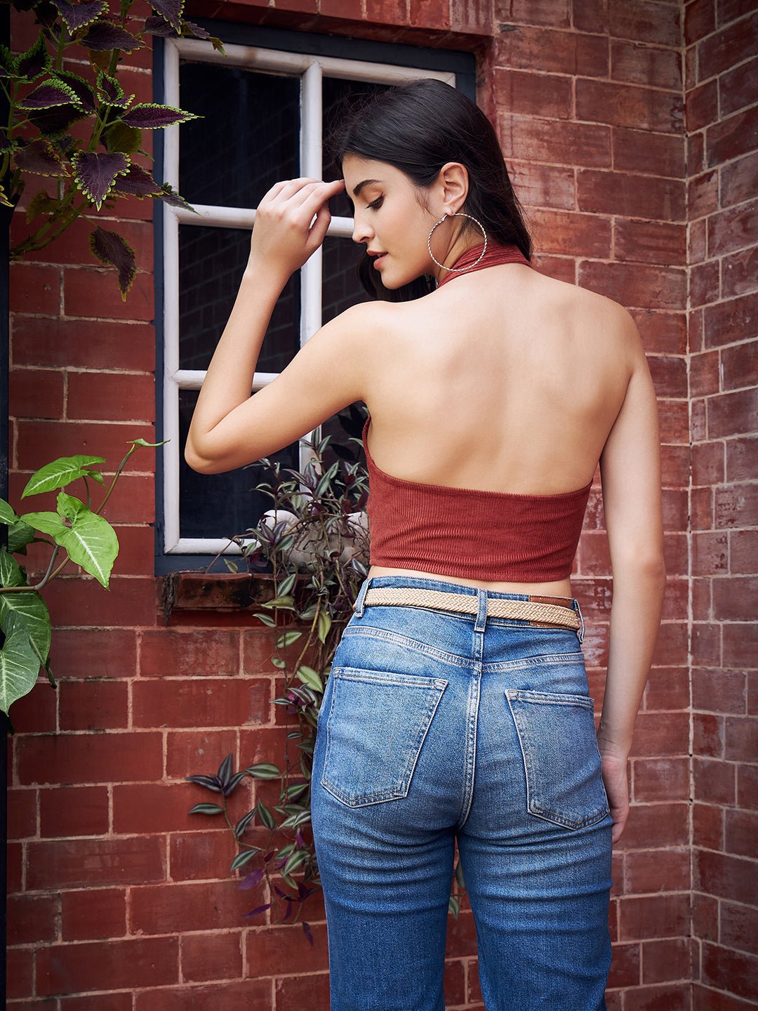 Folk Republic Women Solid Brown Halter Neck Sleeveless Backless Cotton Hanky Hem Fitted Crop Top - #folk republic#