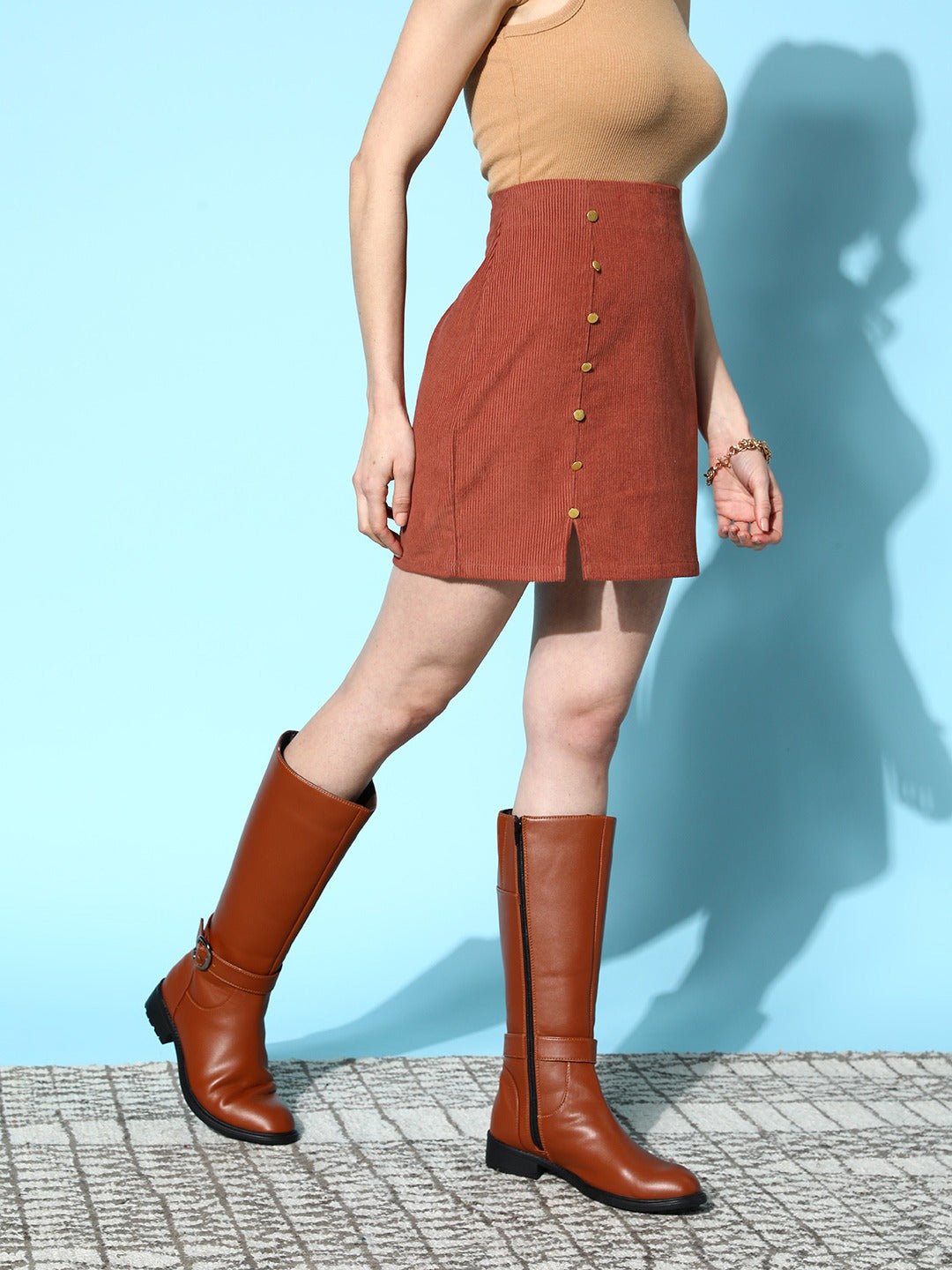 Folk Republic Women Solid Brown High-Rise Waist Cotton Corduroy Straight Hem Button Embellished Mini Skirt - #folk republic#