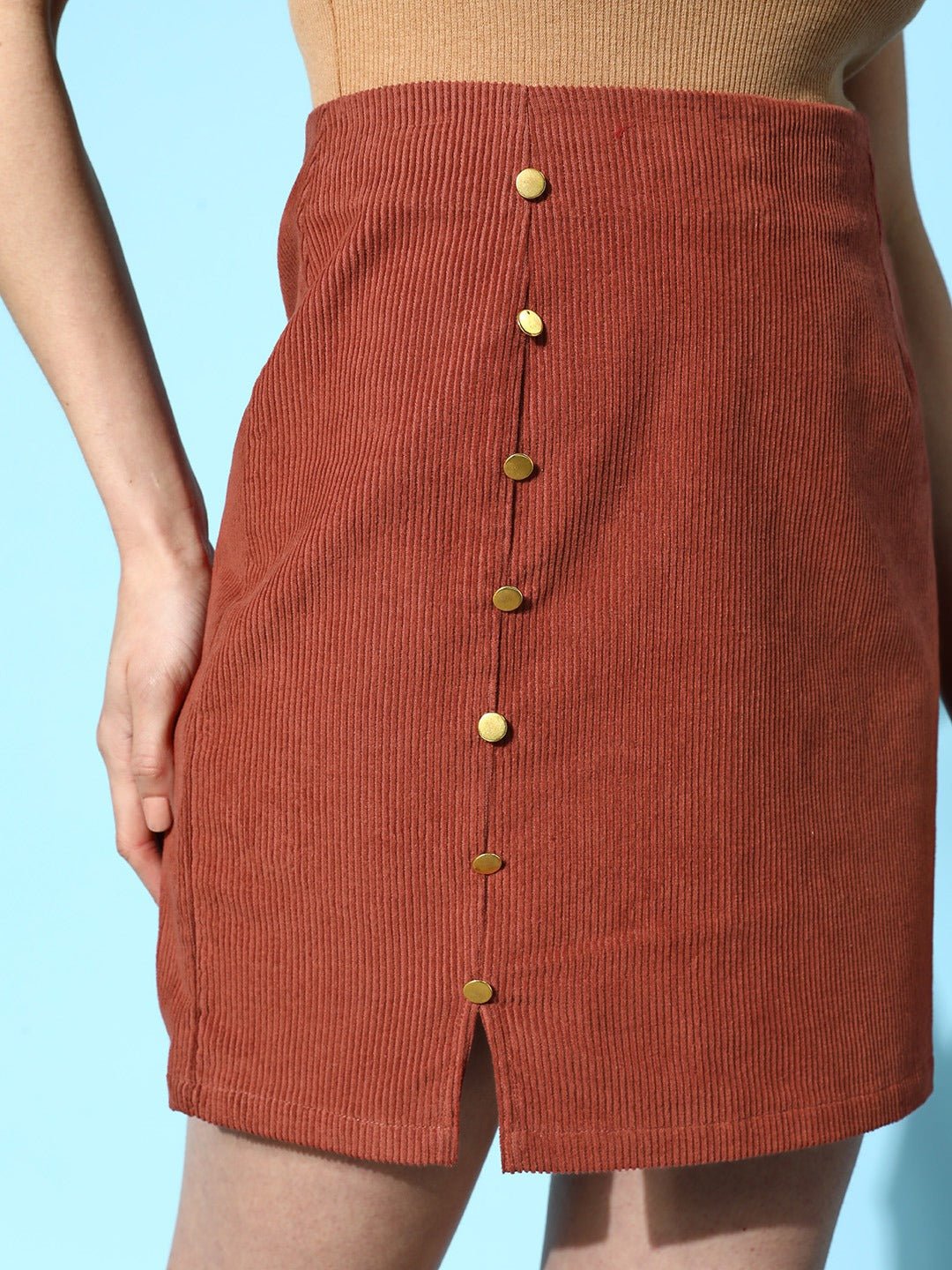 Folk Republic Women Solid Brown High-Rise Waist Cotton Corduroy Straight Hem Button Embellished Mini Skirt - #folk republic#