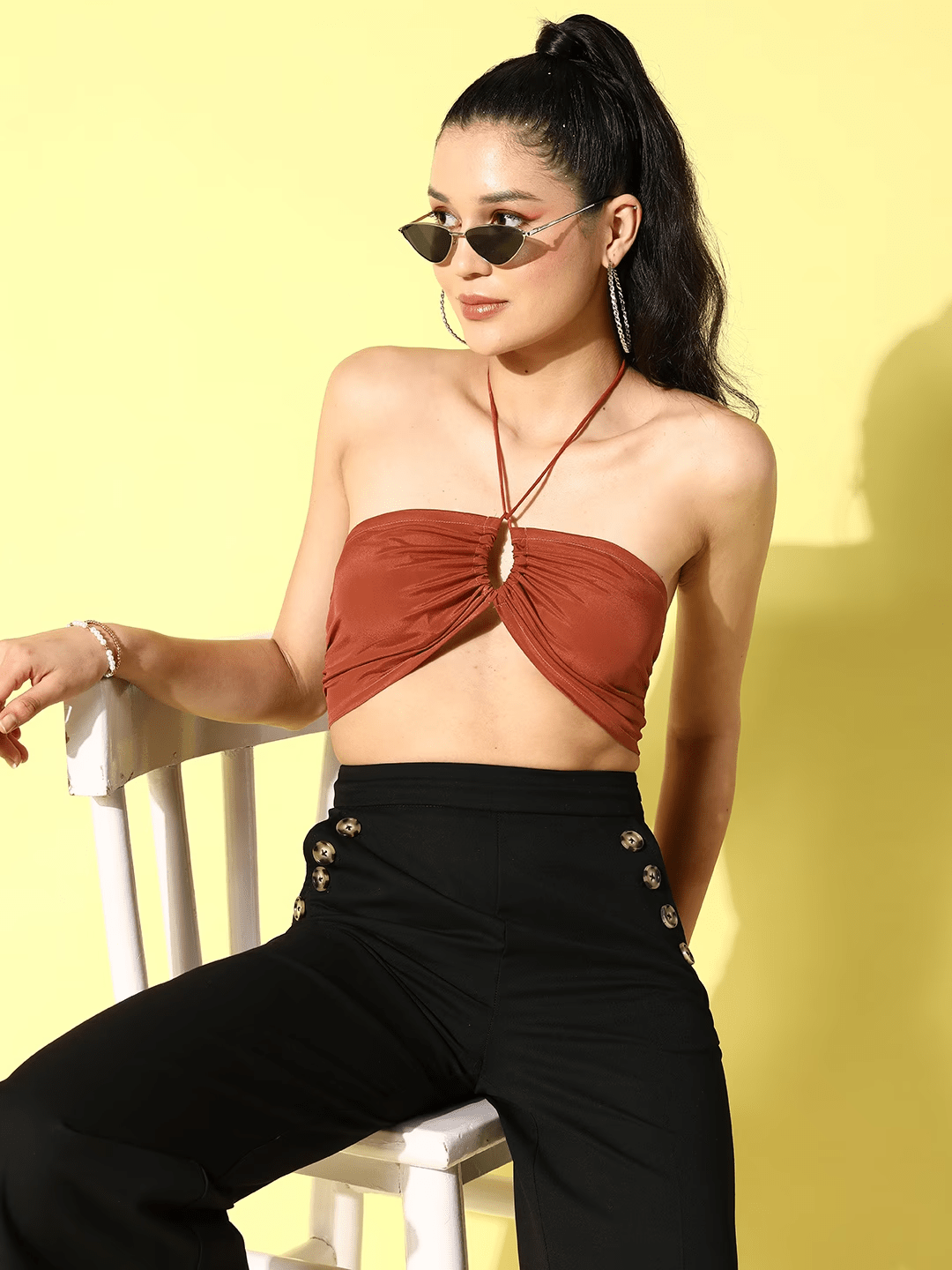Folk Republic Women Solid Brown Off-Shoulder Neck Front Cutout Satin Bralette Cropped Top - #folk republic#
