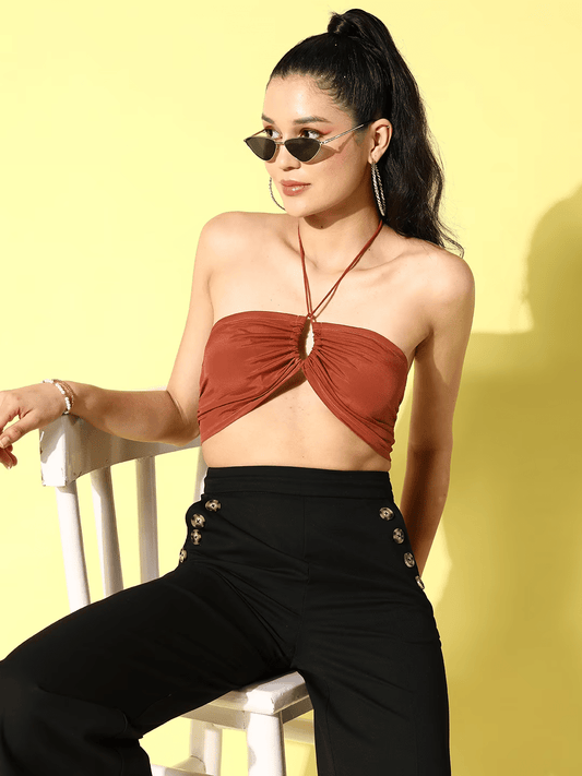 Folk Republic Women Solid Brown Off-Shoulder Neck Front Cutout Satin Bralette Cropped Top - #folk republic#