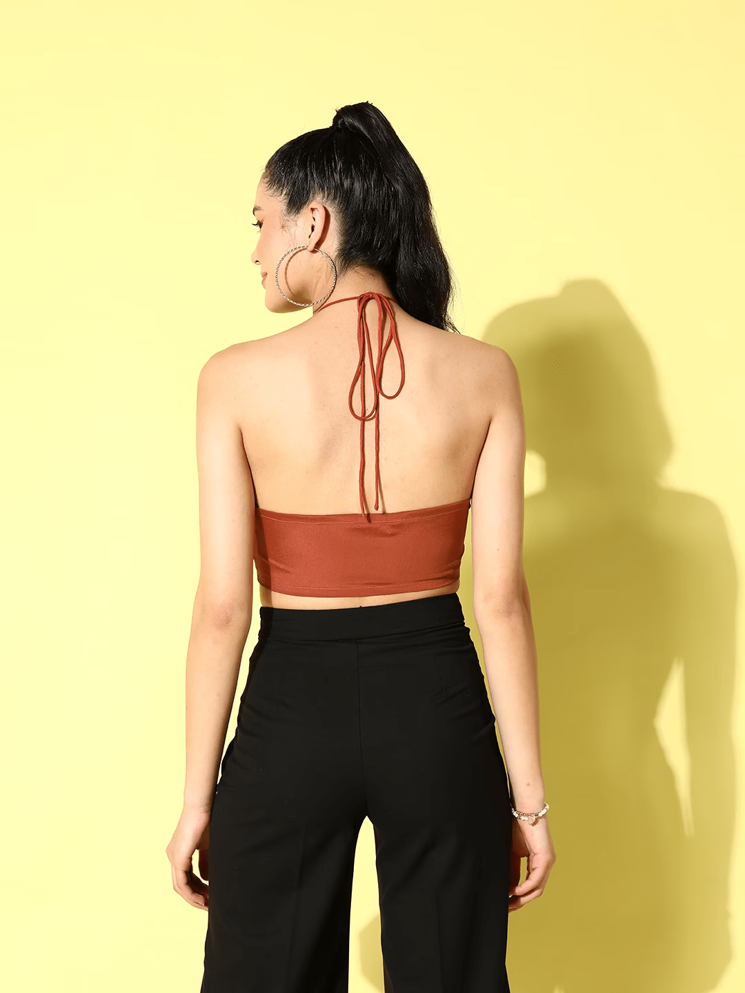 Folk Republic Women Solid Brown Off-Shoulder Neck Front Cutout Satin Bralette Cropped Top - #folk republic#