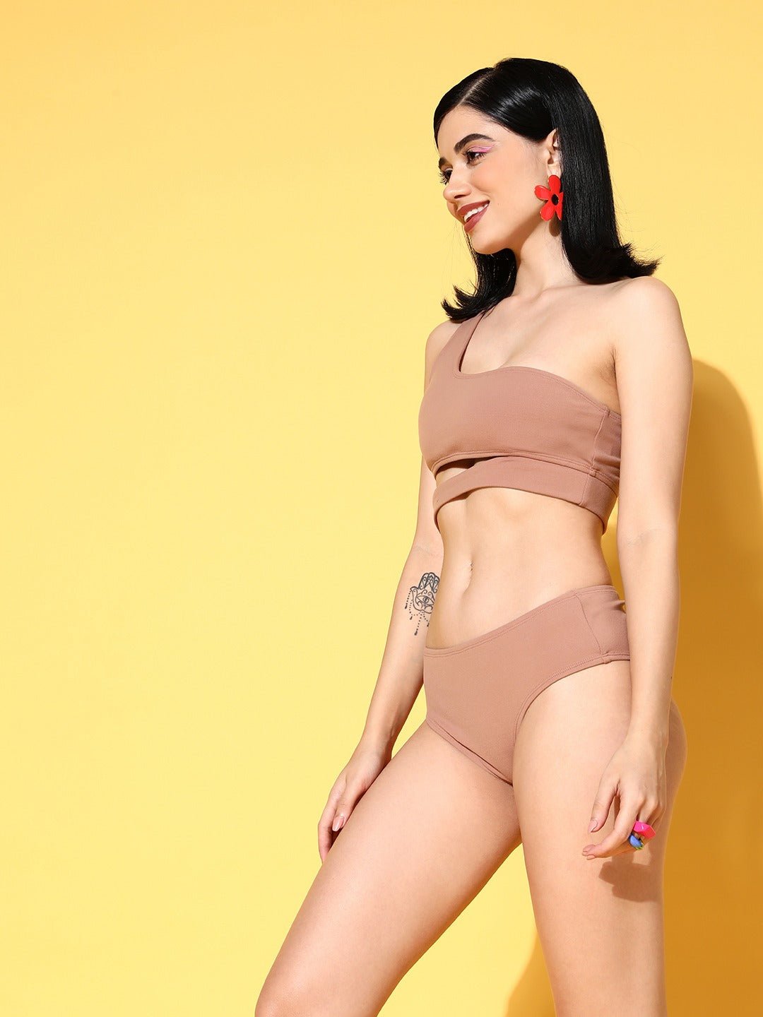 Folk Republic Women Solid Brown One-Shoulder Neck Sleeveless Cutout Slip-On Swim Bikini Set - #folk republic#