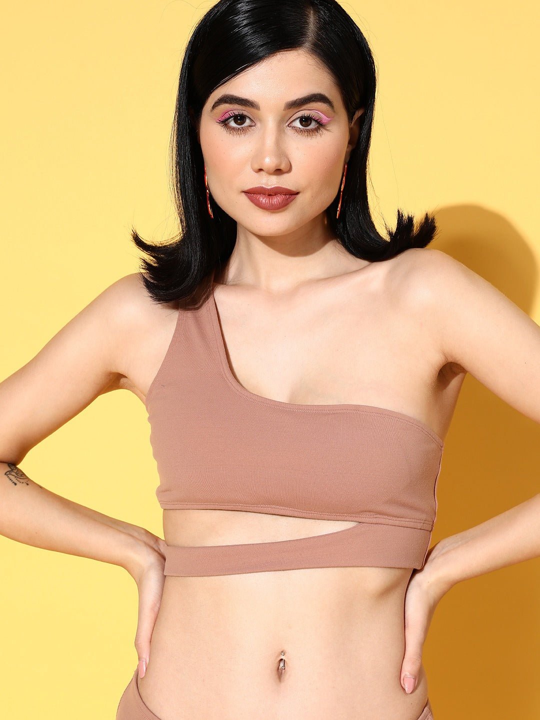 Folk Republic Women Solid Brown One-Shoulder Neck Sleeveless Cutout Slip-On Swim Bikini Set - #folk republic#