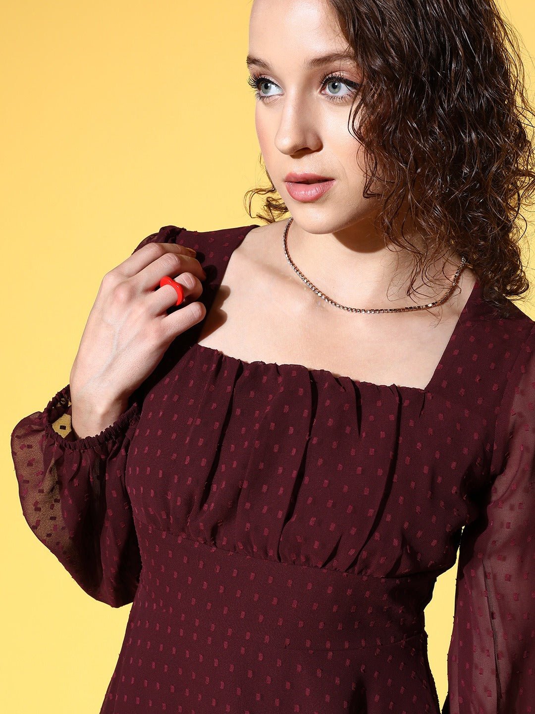 Folk Republic Women Solid Burgundy Dobby Weave Square Neck Georgette Pleated Fit & Flare Mini Dress - #folk republic#