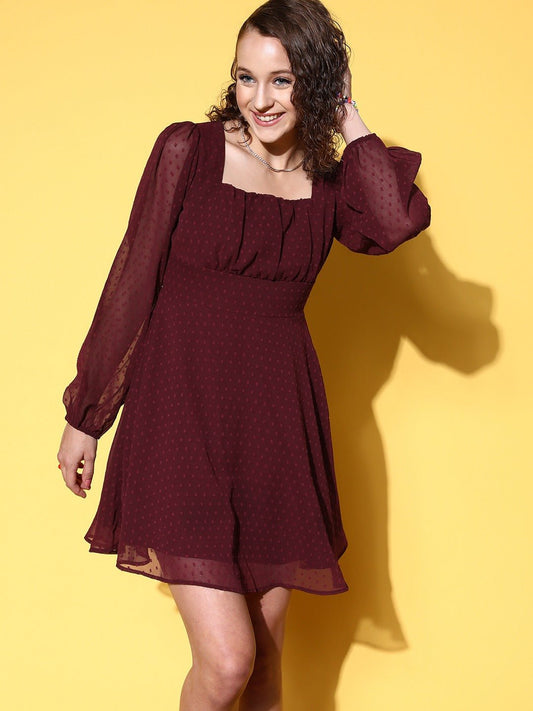 Folk Republic Women Solid Burgundy Dobby Weave Square Neck Georgette Pleated Fit & Flare Mini Dress - #folk republic#