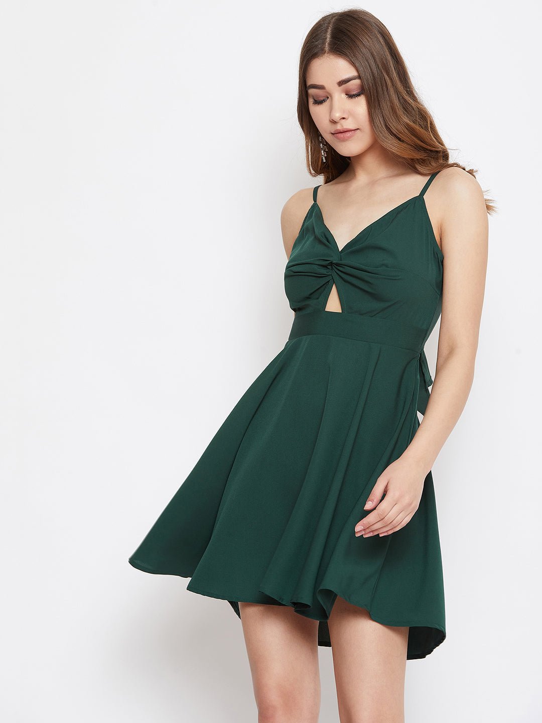 Folk Republic Women Solid Dark Green Front Twisted Fit & Flare Mini Dress - #folk republic#