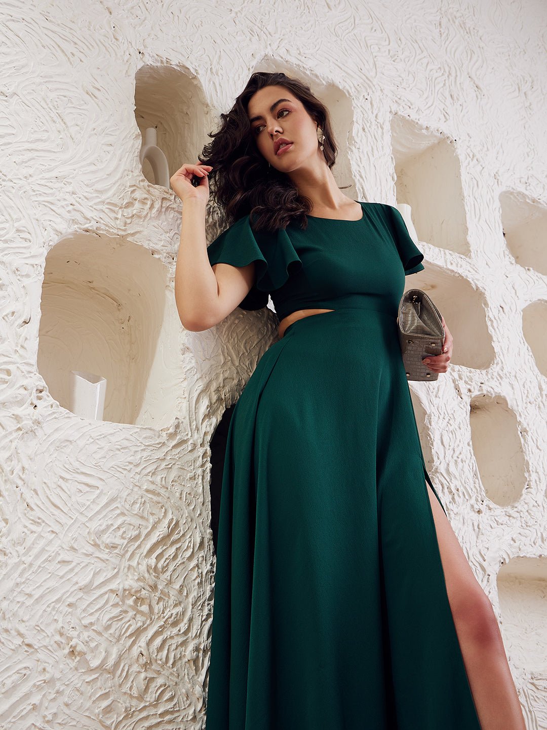Folk Republic Women Solid Dark Green Round Neck Cut-Out Crepe Thigh-High Slit Fit & Flare Maxi Dress - #folk republic#