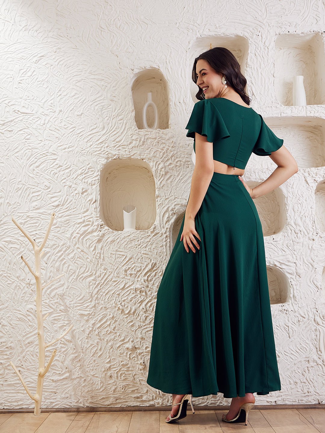 Folk Republic Women Solid Dark Green Round Neck Cut-Out Crepe Thigh-High Slit Fit & Flare Maxi Dress - #folk republic#
