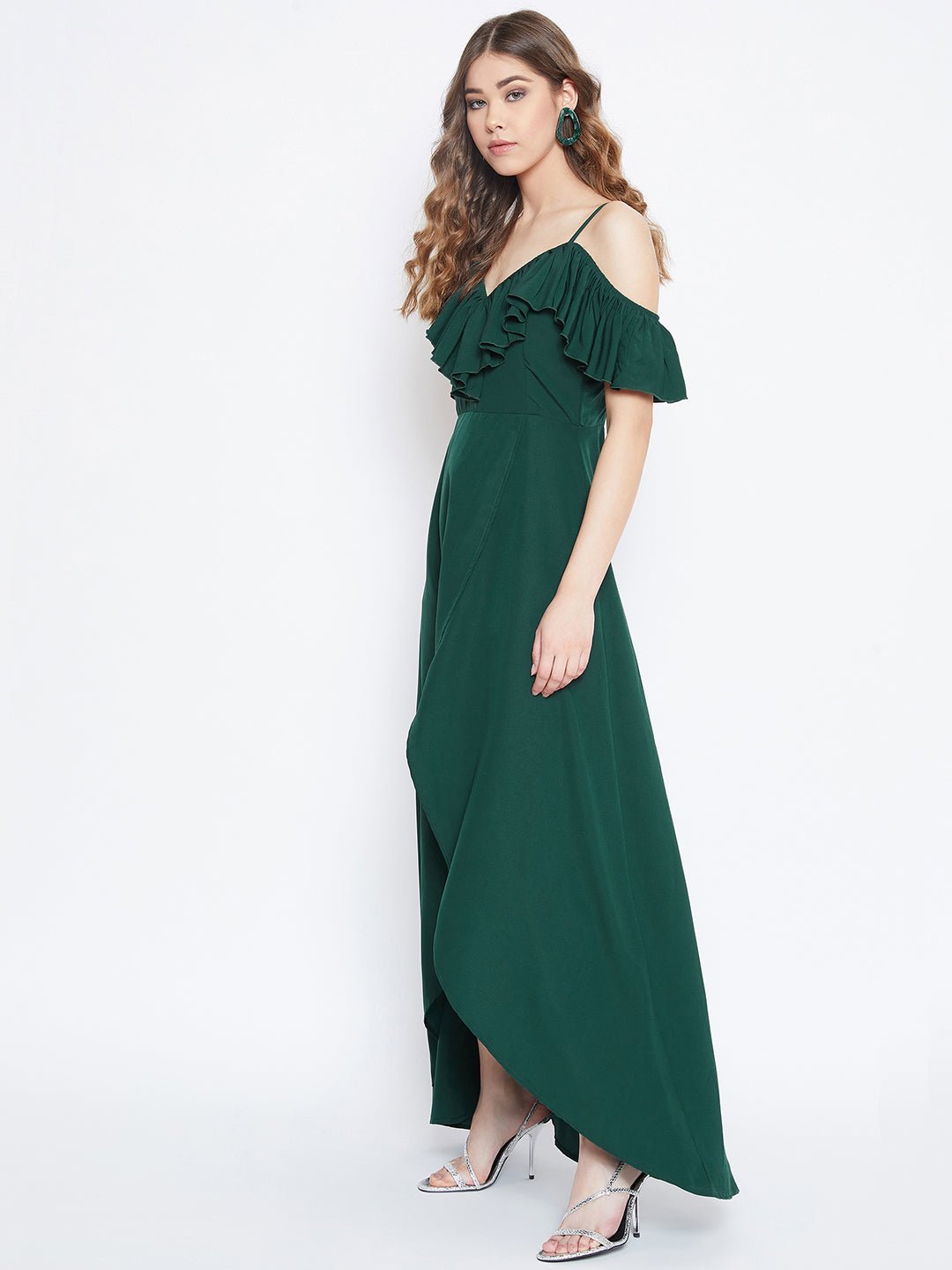 Folk Republic Women Solid Dark Green V-Neck Thigh-High Slit Frilled Maxi Dress - #folk republic#