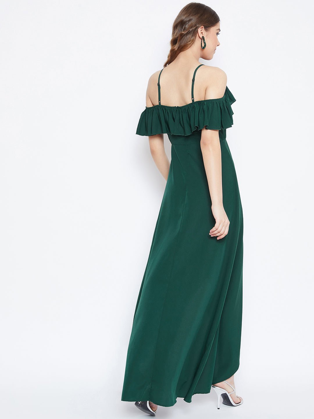 Folk Republic Women Solid Dark Green V-Neck Thigh-High Slit Frilled Maxi Dress - #folk republic#