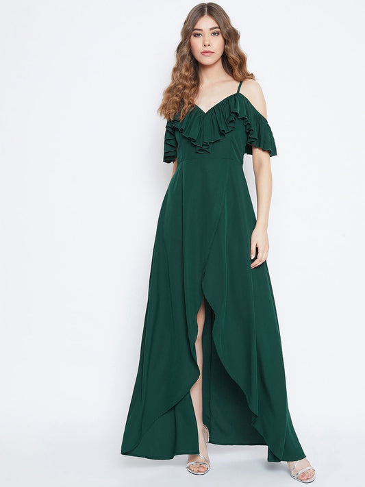 Folk Republic Women Solid Dark Green V-Neck Thigh-High Slit Frilled Maxi Dress - #folk republic#
