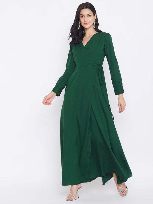 Folk Republic Women Solid Dark Green V-Neck Tie-Up Wrap Maxi Dress - #folk republic#