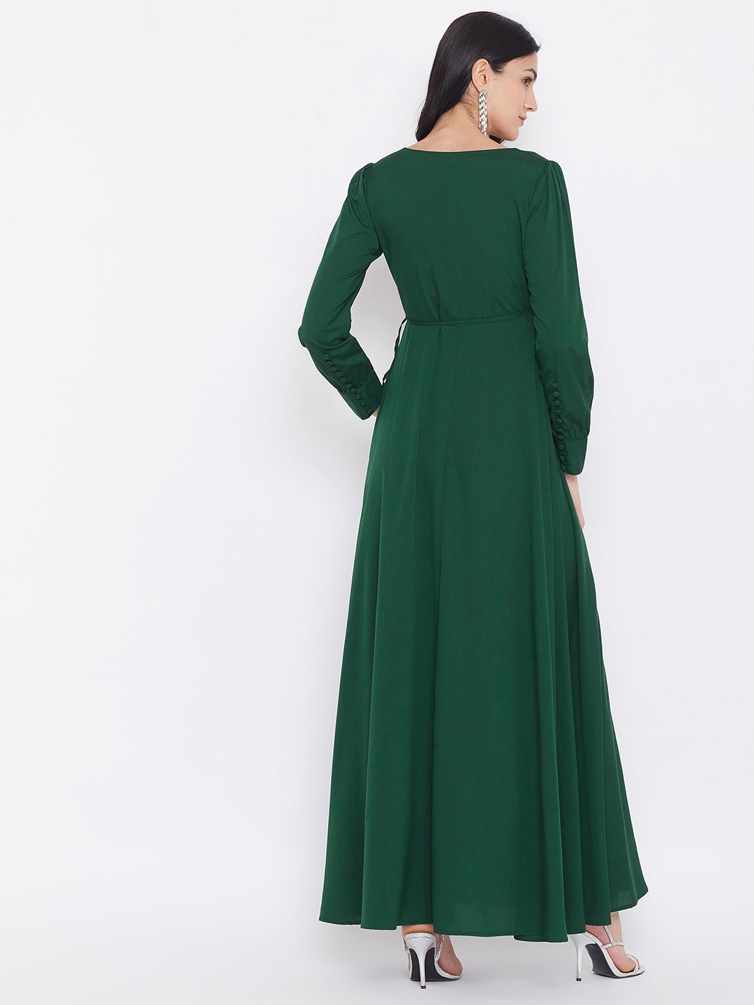 Folk Republic Women Solid Dark Green V-Neck Tie-Up Wrap Maxi Dress - #folk republic#