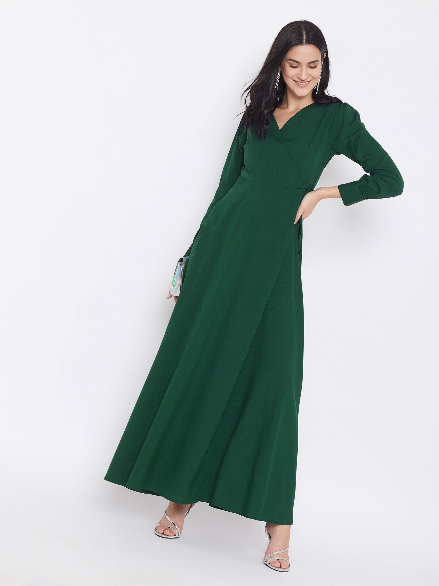 Folk Republic Women Solid Dark Green V-Neck Tie-Up Wrap Maxi Dress - #folk republic#
