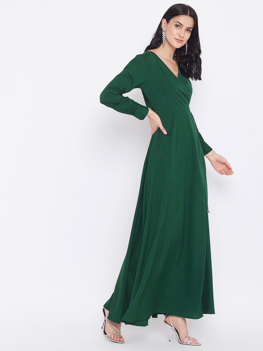 Folk Republic Women Solid Dark Green V-Neck Tie-Up Wrap Maxi Dress - #folk republic#