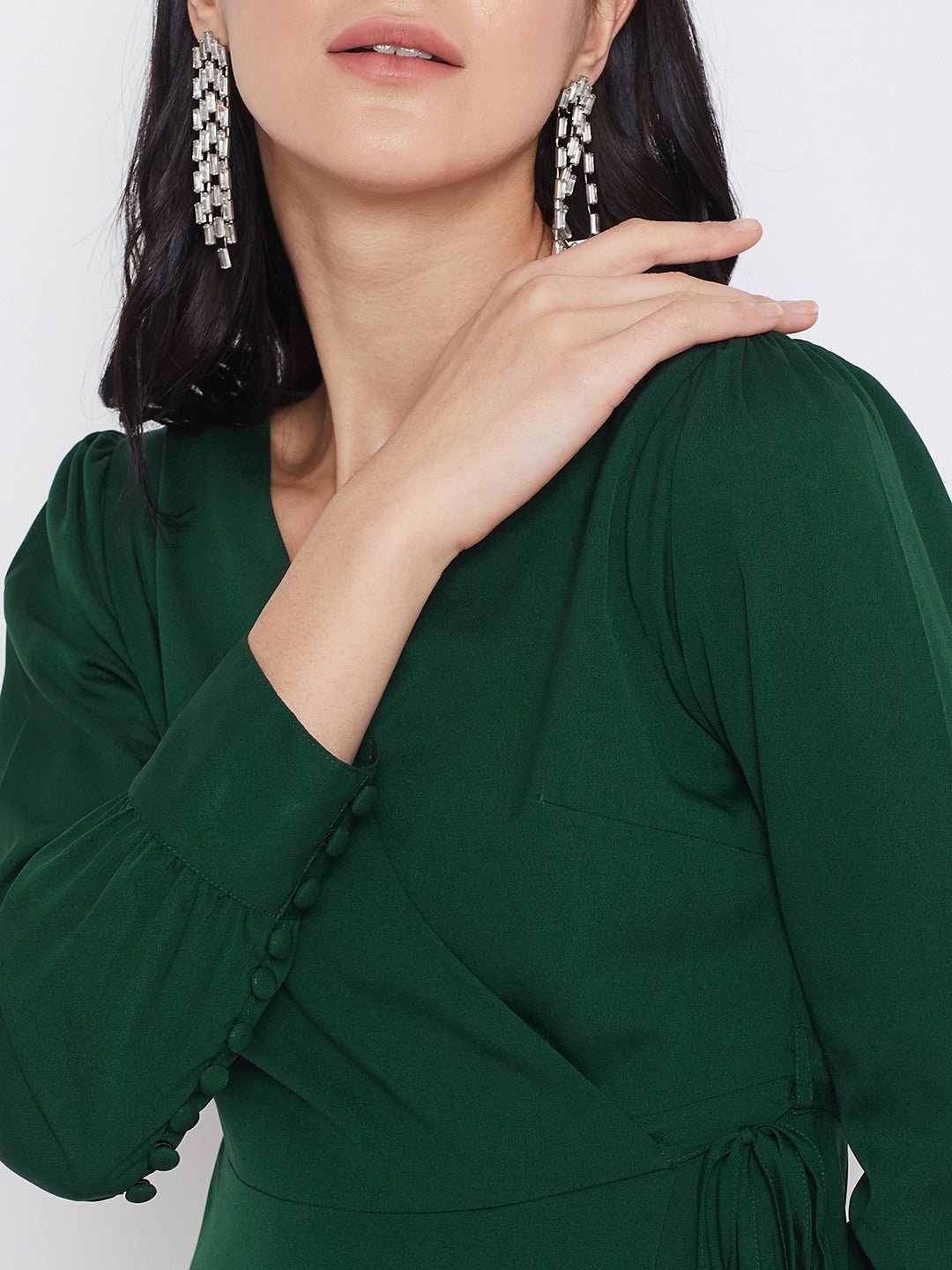 Folk Republic Women Solid Dark Green V-Neck Tie-Up Wrap Maxi Dress - #folk republic#