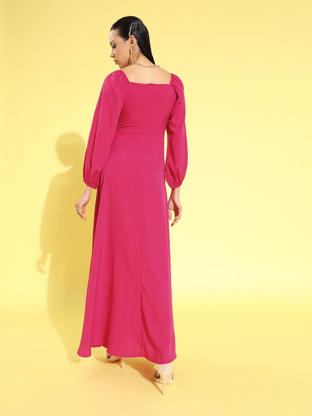 Folk Republic Women Solid Dark Pink Square Neck Puff Sleeves Crepe Flared Maxi Dress - #folk republic#