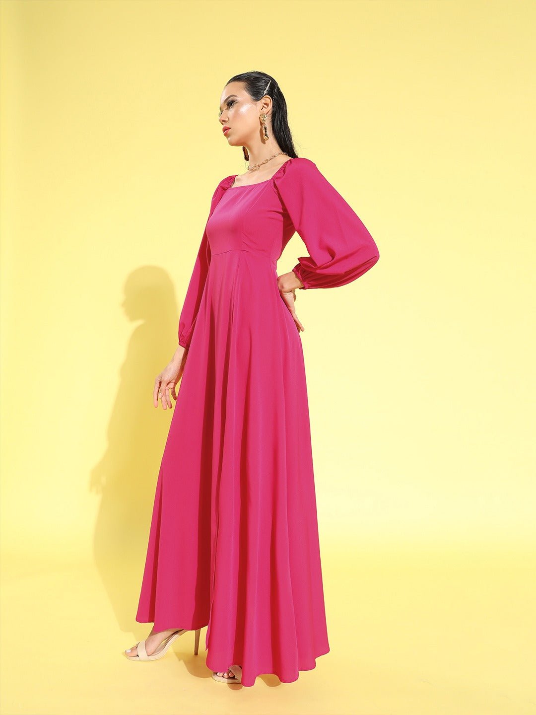 Folk Republic Women Solid Dark Pink Square Neck Puff Sleeves Crepe Flared Maxi Dress - #folk republic#