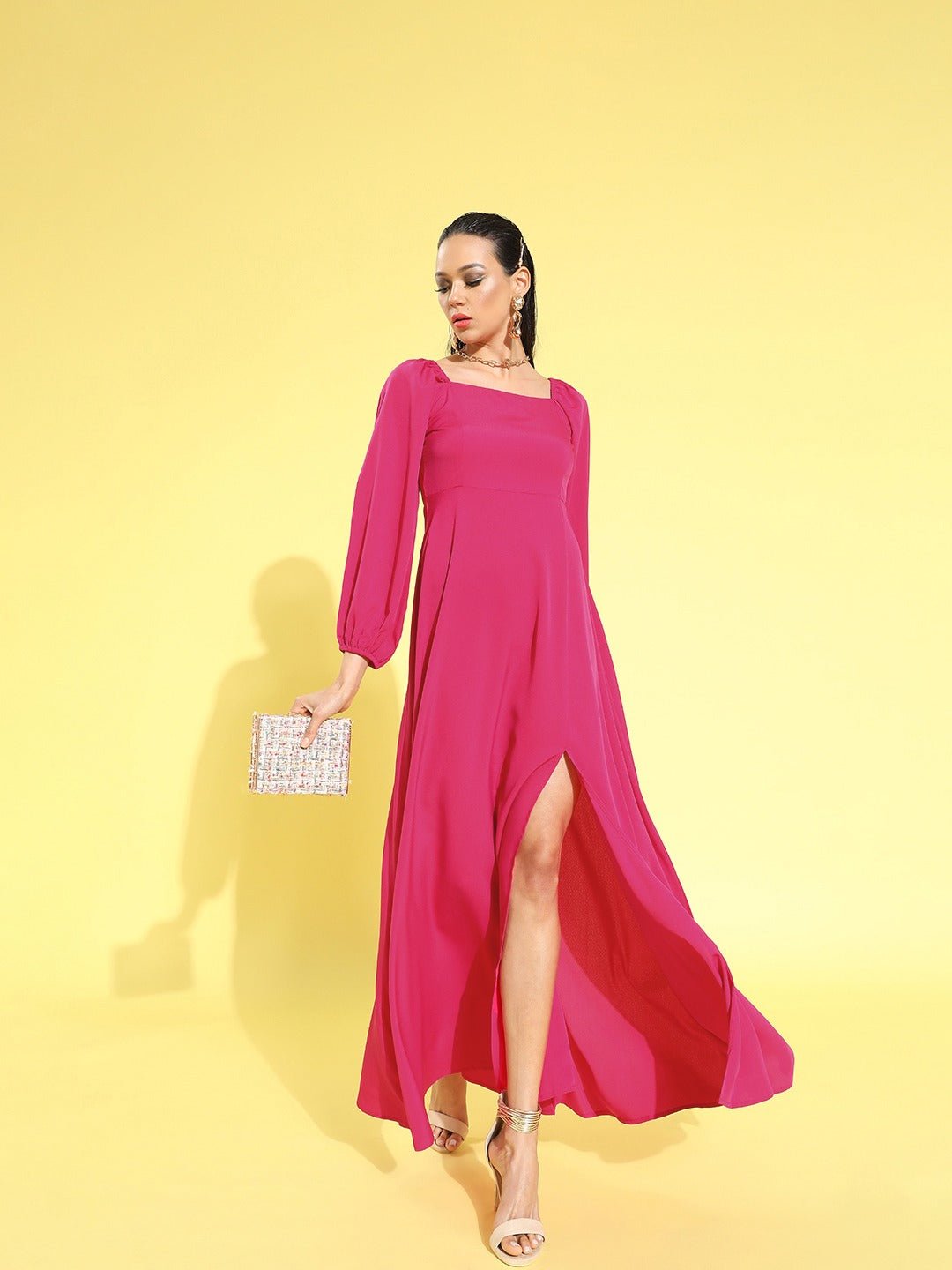 Folk Republic Women Solid Dark Pink Square Neck Puff Sleeves Crepe Flared Maxi Dress - #folk republic#