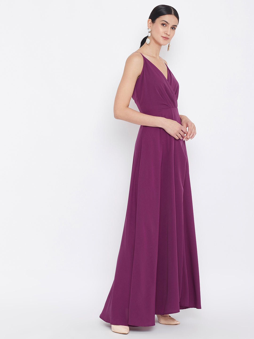 Folk Republic Women Solid Dark Purple V-Neck A-Line Maxi Dress - #folk republic#