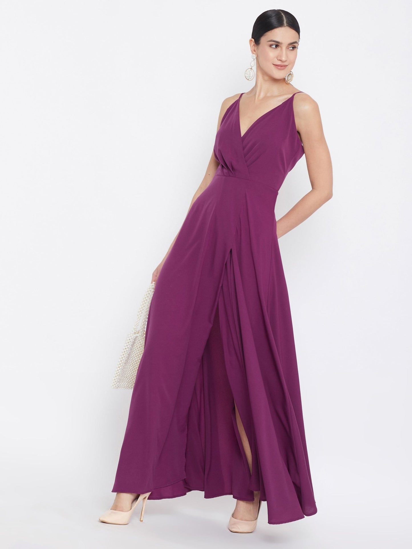 Folk Republic Women Solid Dark Purple V-Neck A-Line Maxi Dress - #folk republic#