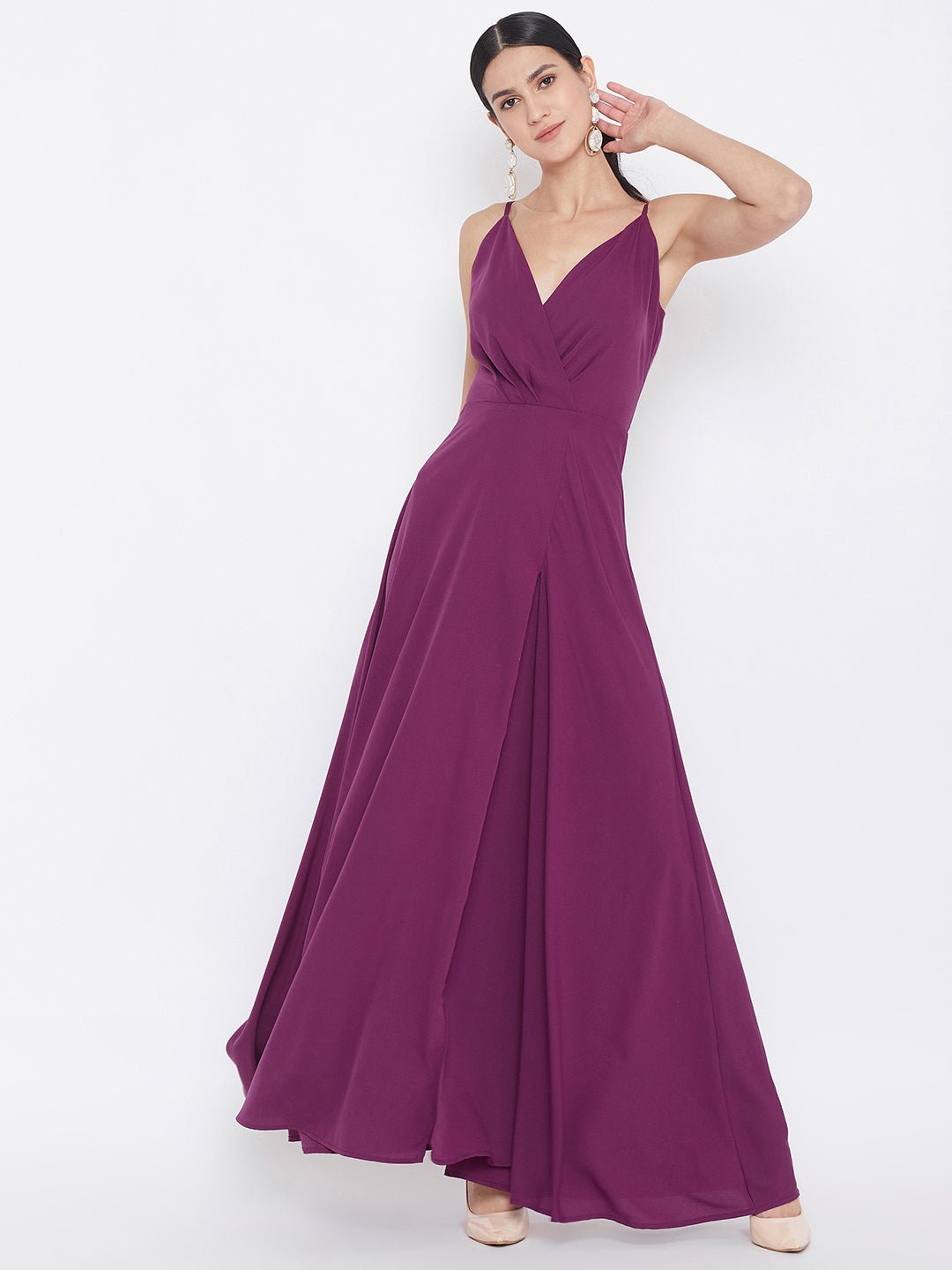 Folk Republic Women Solid Dark Purple V-Neck A-Line Maxi Dress - #folk republic#